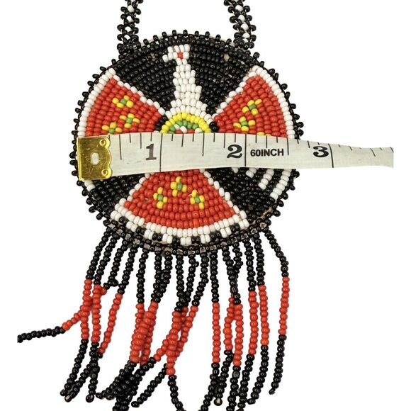 VTG Black Thunderbird Native American Medallion Necklace Seed Bead Leather Back - Picture 10 of 10